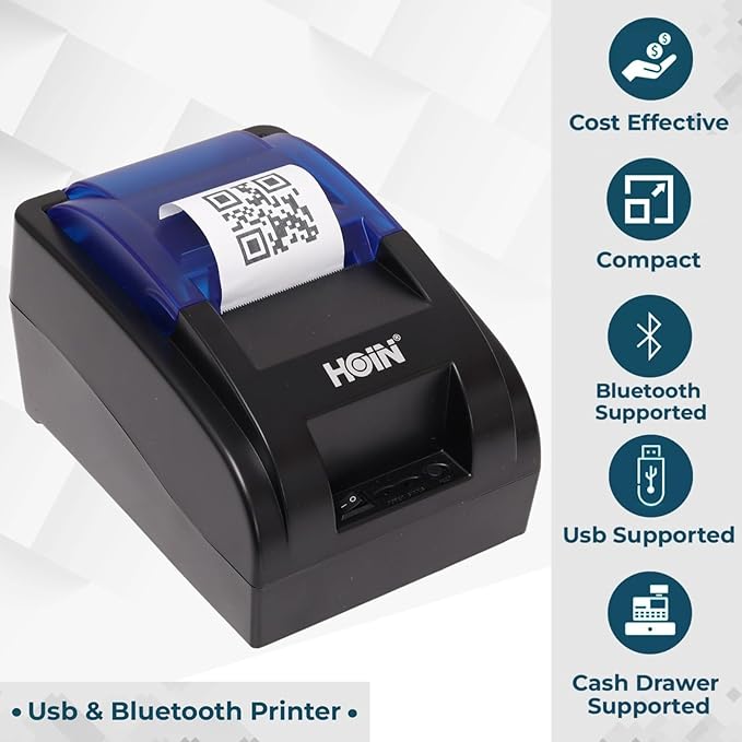 HOIN 58mm 58MM (2 Inch) USB Bluetooth H-58BT Thermal Receipt Printer | Compatible with ESC/POS Print Billing Invoice | Mobile Printing – (No Battery Backup)